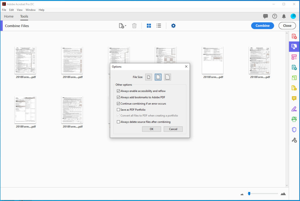 Adobe Acrobat settings for creating merged pdf document from more than one pdf file.